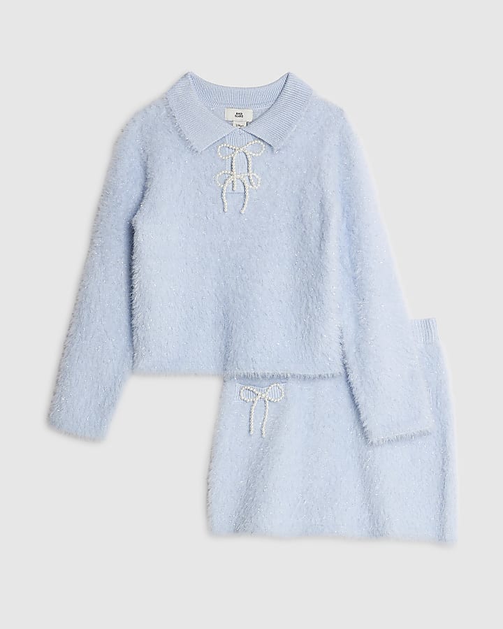 Girls Blue Lurex Bow Jumper And Skirt Set