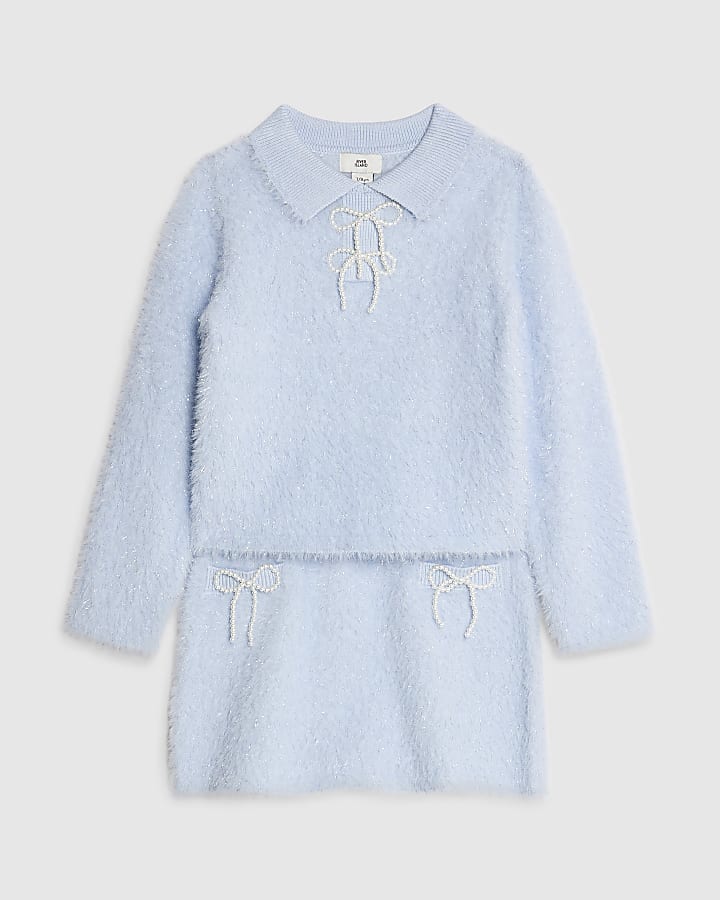 Girls Blue Lurex Bow Jumper And Skirt Set