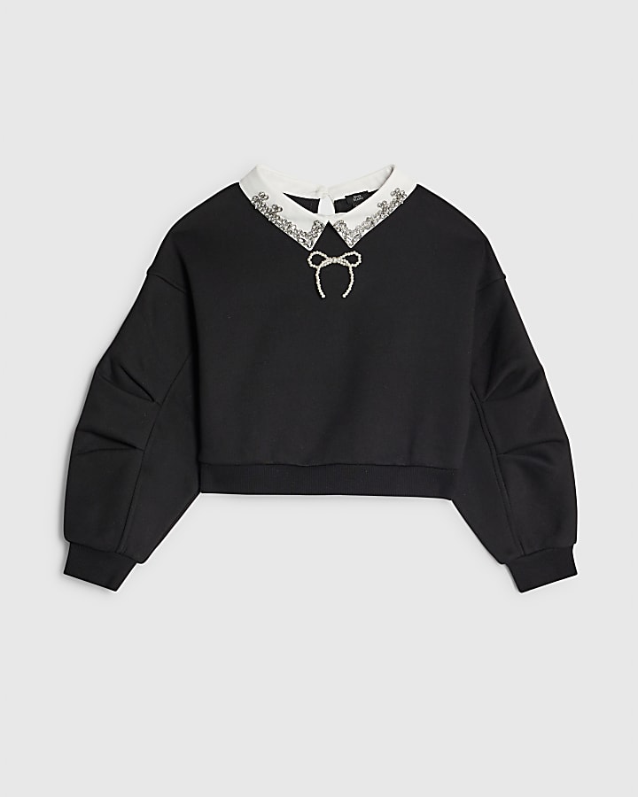 Girls Black Embellished Collar Sweatshirt