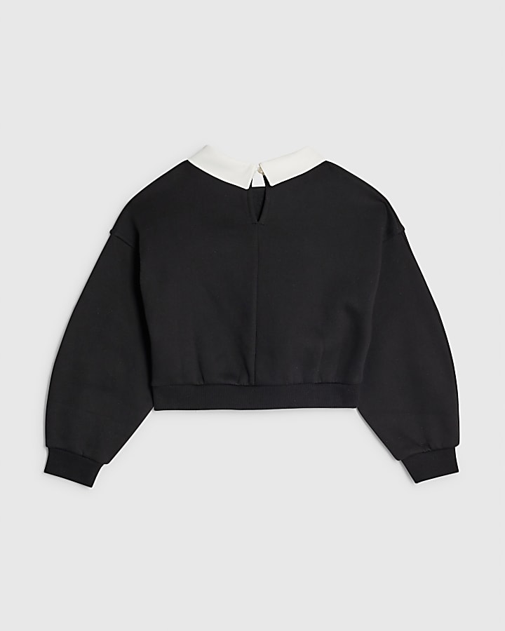 Girls Black Embellished Collar Sweatshirt