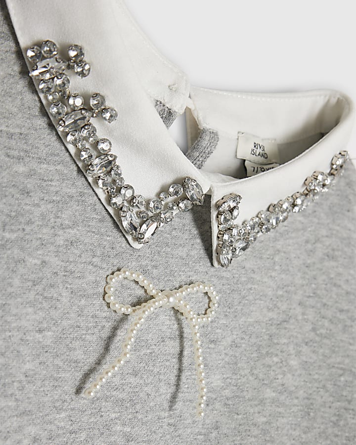 Girls Grey Embellished Collar Sweatshirt