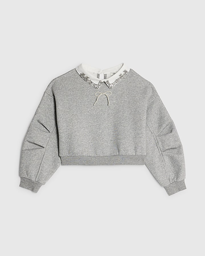 Girls Grey Embellished Collar Sweatshirt