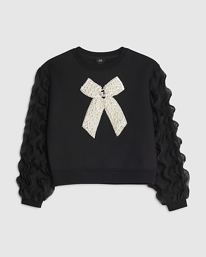 Girls Black Pearl Bow Sweatshirt