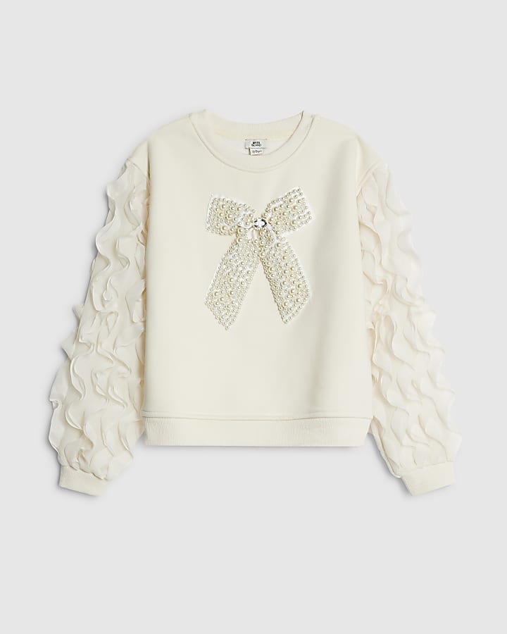 Girls Cream Bow Ruffle Sleeve Sweatshirt