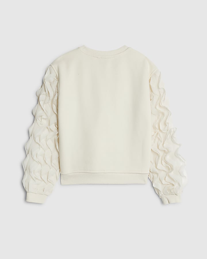 Girls Cream Bow Ruffle Sleeve Sweatshirt