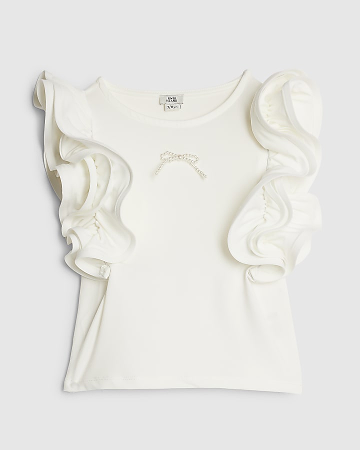 Girls White Bow Ruffle Tank Top
