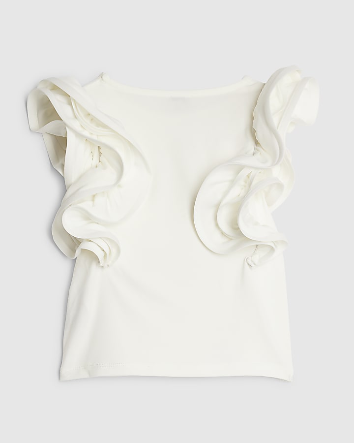 Girls White Bow Ruffle Tank Top