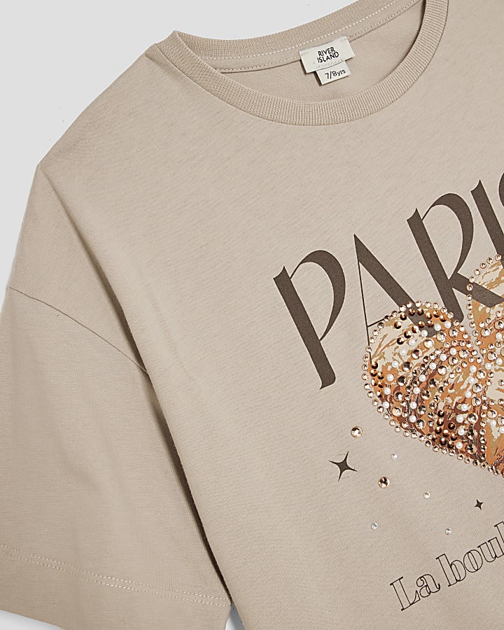 Girls Beige Croissant Embellished T-Shirt