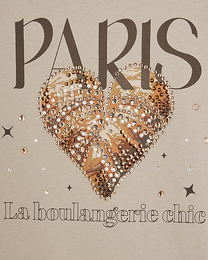 Girls Beige Croissant Embellished T-Shirt