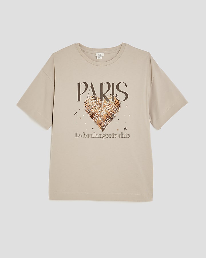 Girls Beige Croissant Embellished T-Shirt