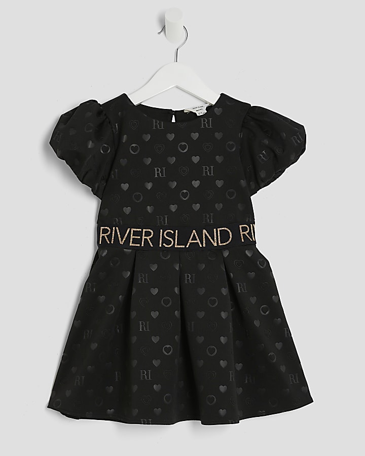 Mini Girls Black Embossed RI Monogram Dress