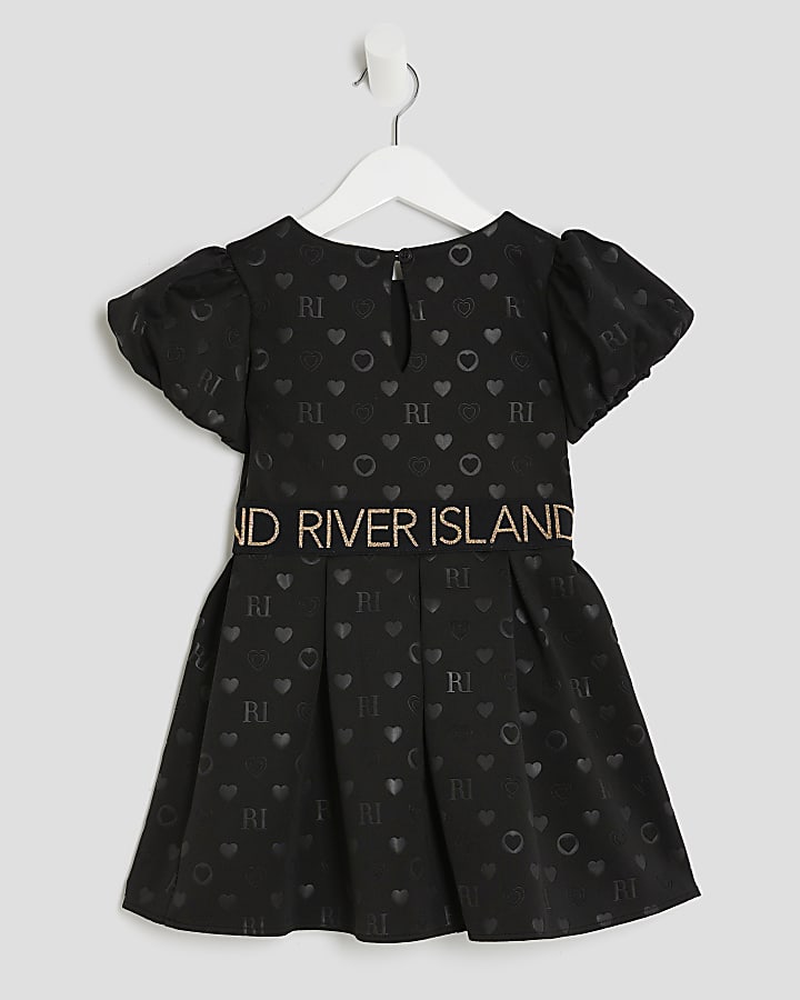 Mini Girls Black Embossed RI Monogram Dress