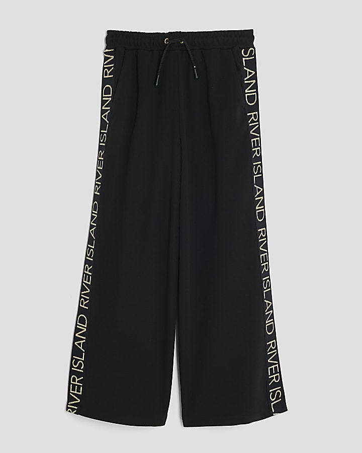 Girls Black Side Tape RI Wide Leg Trousers