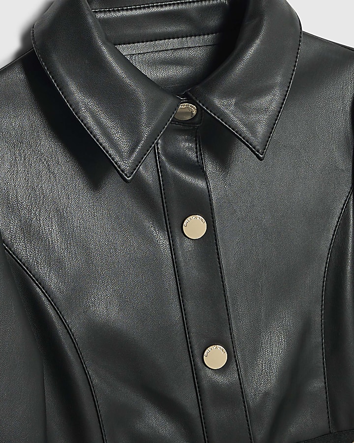 Girls Black Faux Leather Shirt Dress