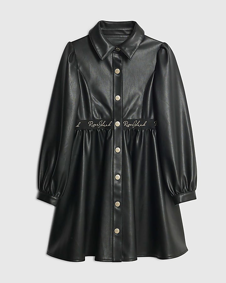 Girls Black Faux Leather Shirt Dress