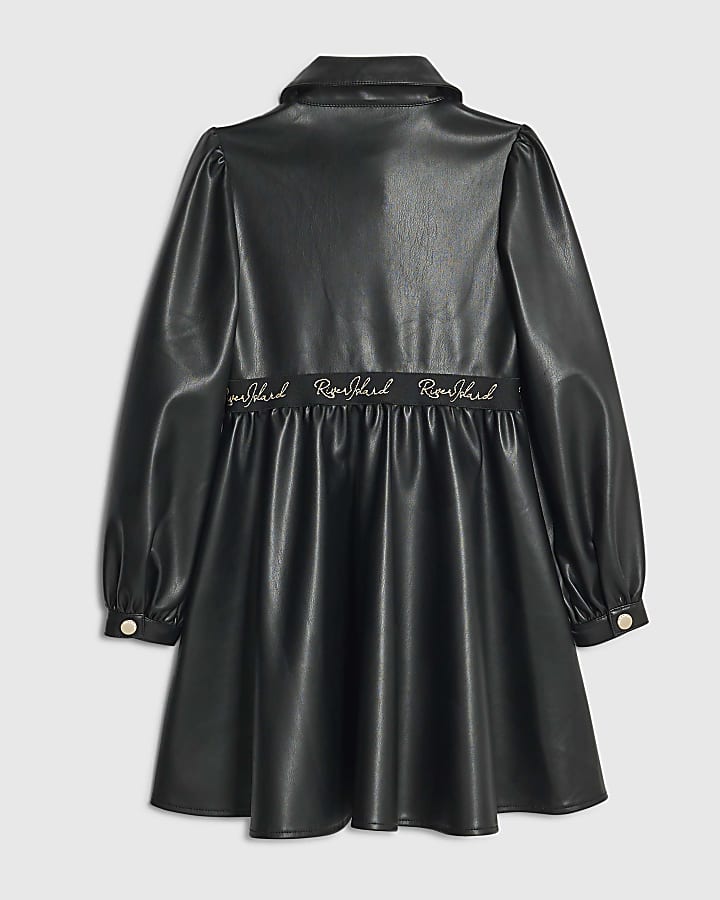 Girls Black Faux Leather Shirt Dress