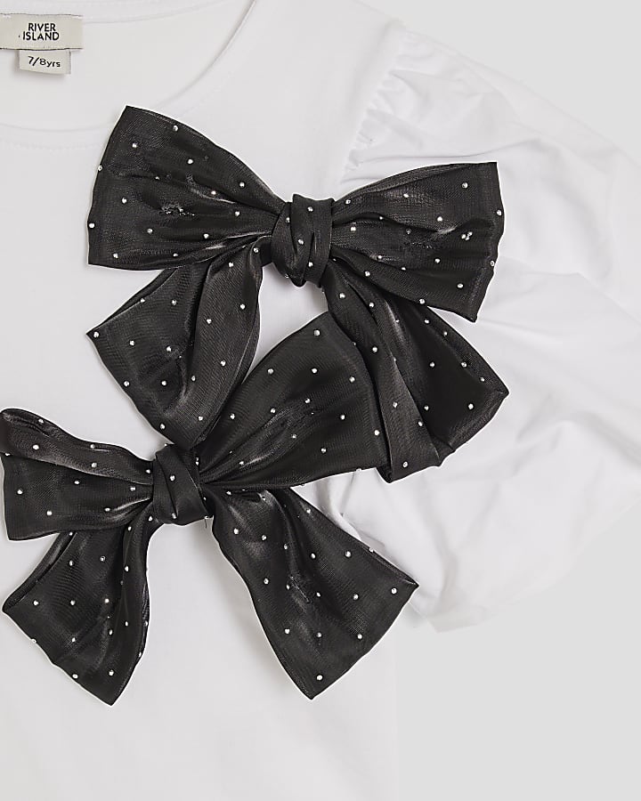 Girls White Embellished Bow Bodysuit