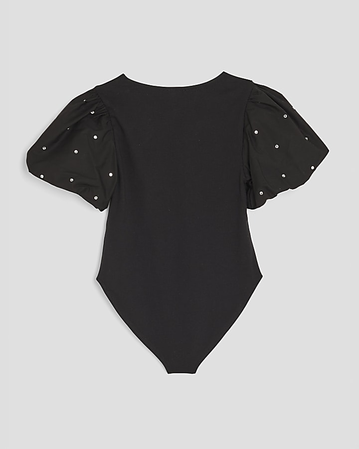 Girls Black Embellished Bodysuit