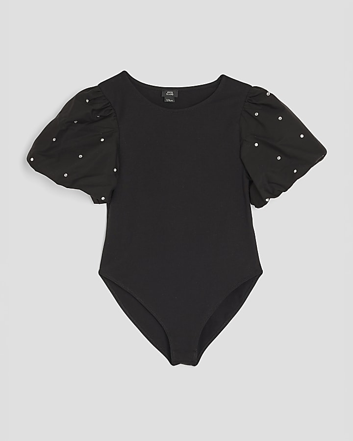 Girls Black Embellished Bodysuit
