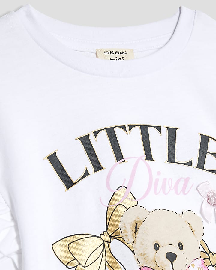 Mini Girls White Frill Sleeve Bear T-shirt