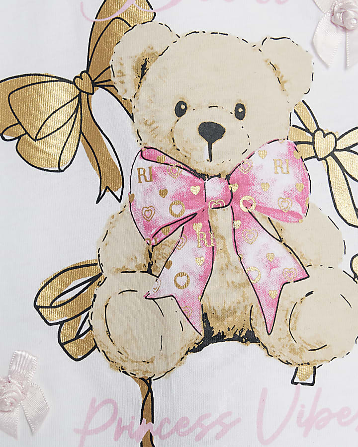 Mini Girls White Frill Sleeve Bear T-shirt