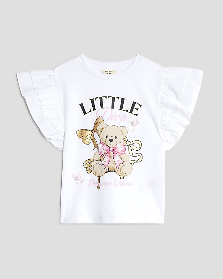 Mini Girls White Frill Sleeve Bear T-shirt
