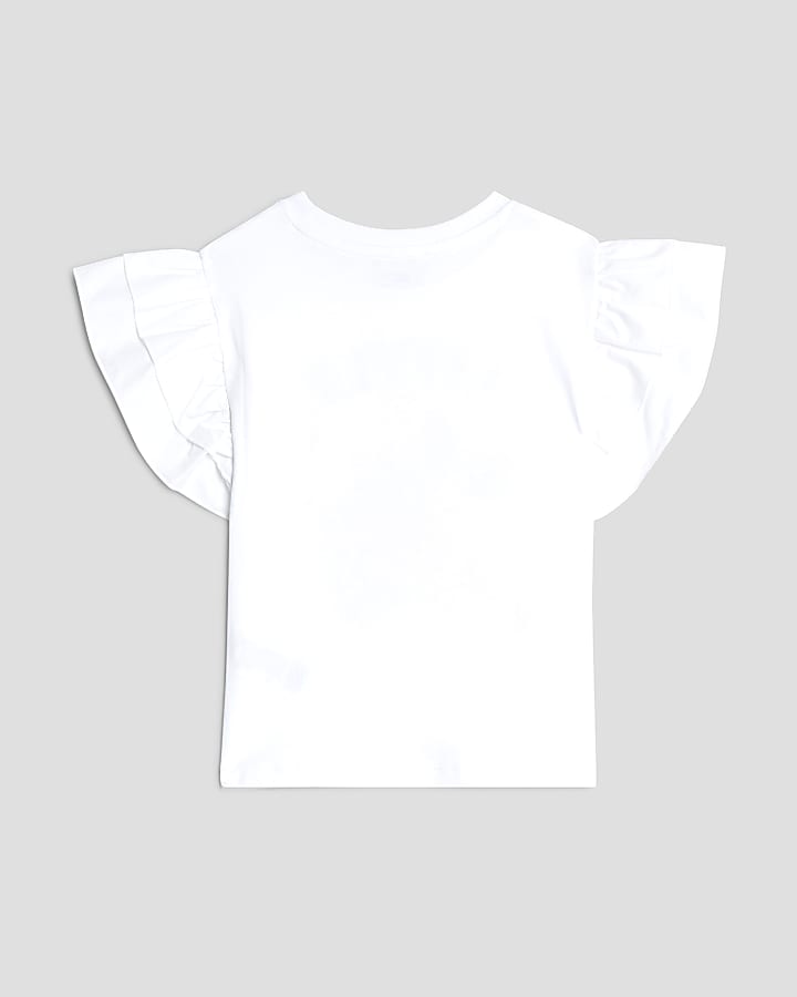 Mini Girls White Frill Sleeve Bear T-shirt