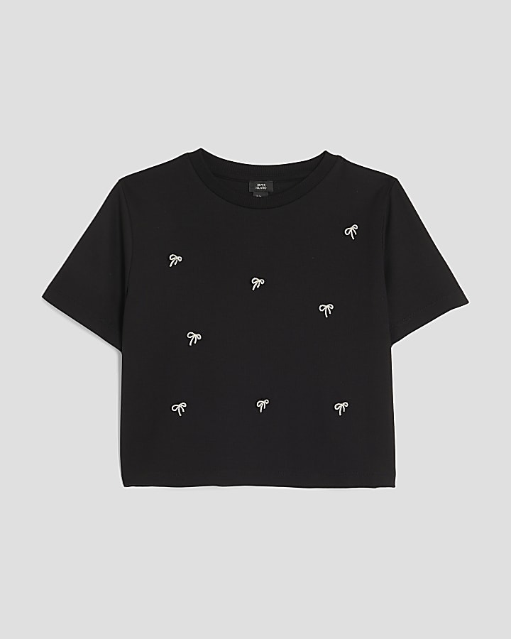 Girls Black Diamante Bow T-Shirt