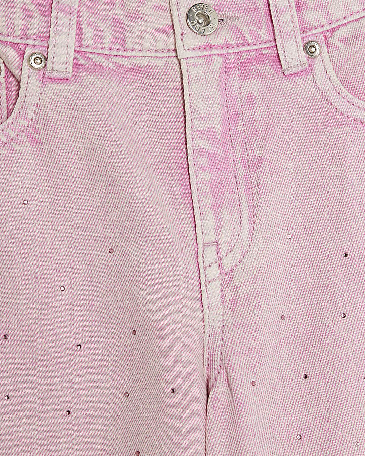 Girls Pink Diamante Washed Wide Leg Jeans