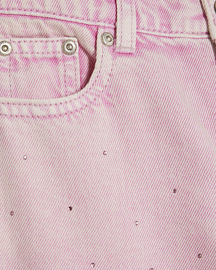 Girls Pink Diamante Washed Wide Leg Jeans