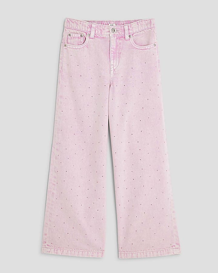 Girls Pink Diamante Washed Wide Leg Jeans