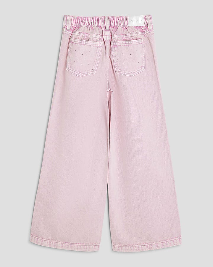 Girls Pink Diamante Washed Wide Leg Jeans