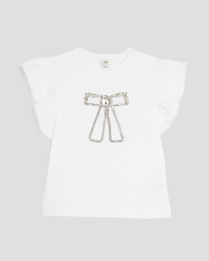 Girls White Frill Bow T-Shirt