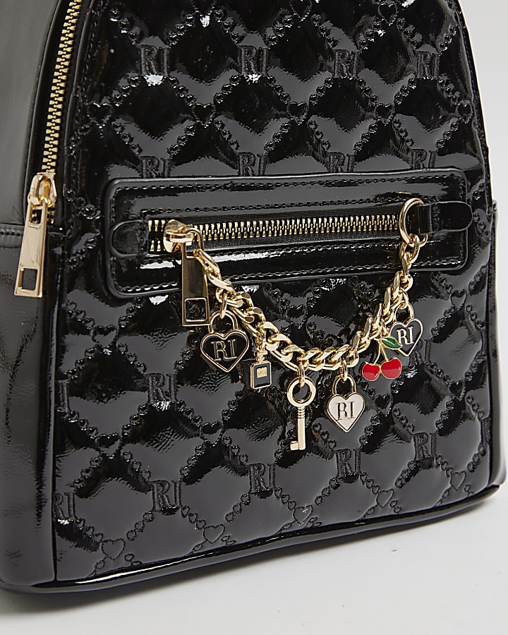 Girls Black Monogram Chain Charm Backpack
