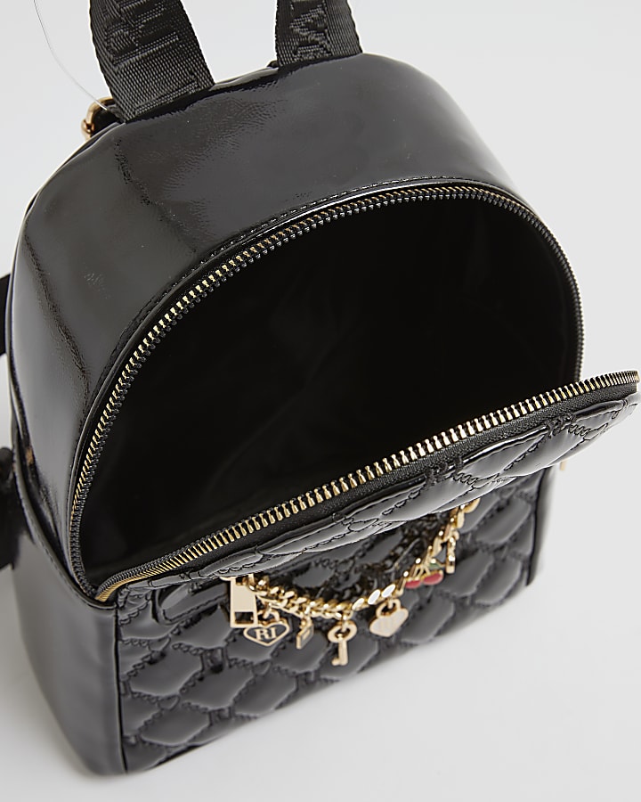 Girls Black Monogram Chain Charm Backpack