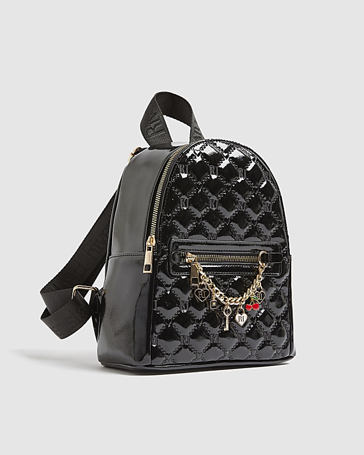 Girls Black Monogram Chain Charm Backpack