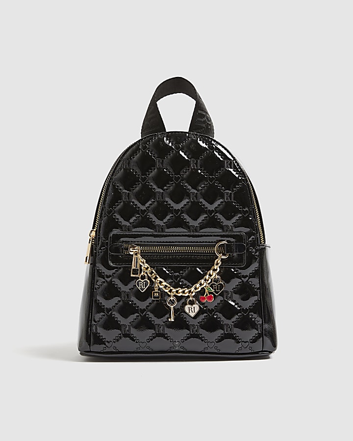 Girls Black Monogram Chain Charm Backpack