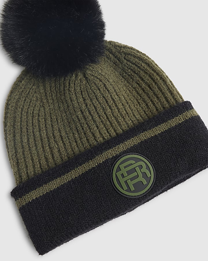Mini Boys Khaki Colour Blocked Beanie