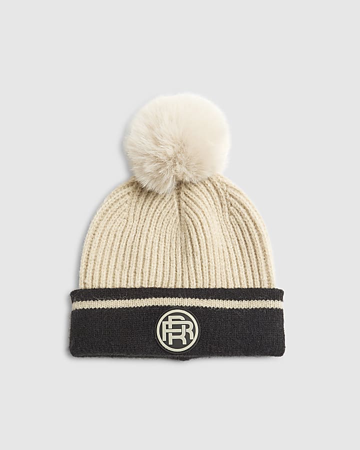 Boys Cream Colour Blocked Beanie Hat