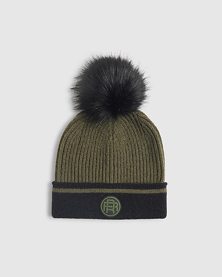 Boys Khaki Colour Blocked Beanie