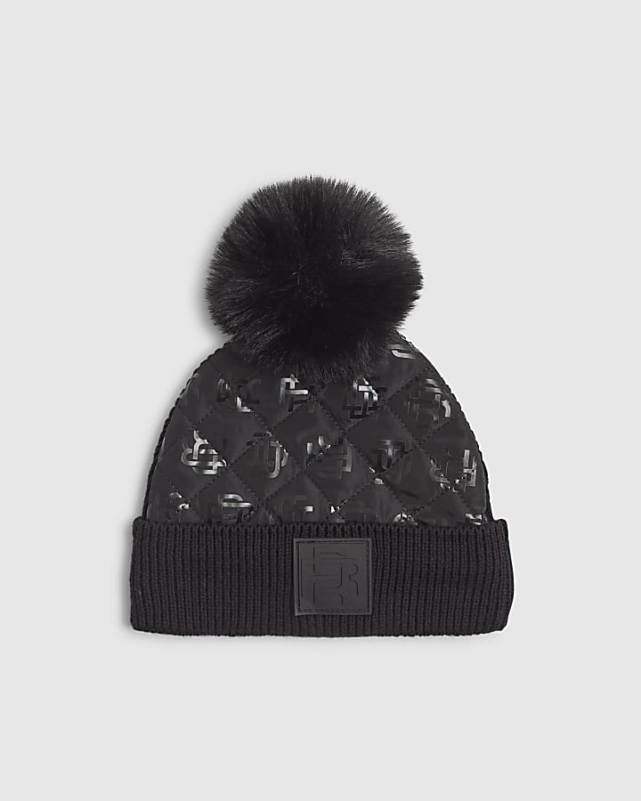 Mini Boys Black Nylon Monogram Beanie Hat