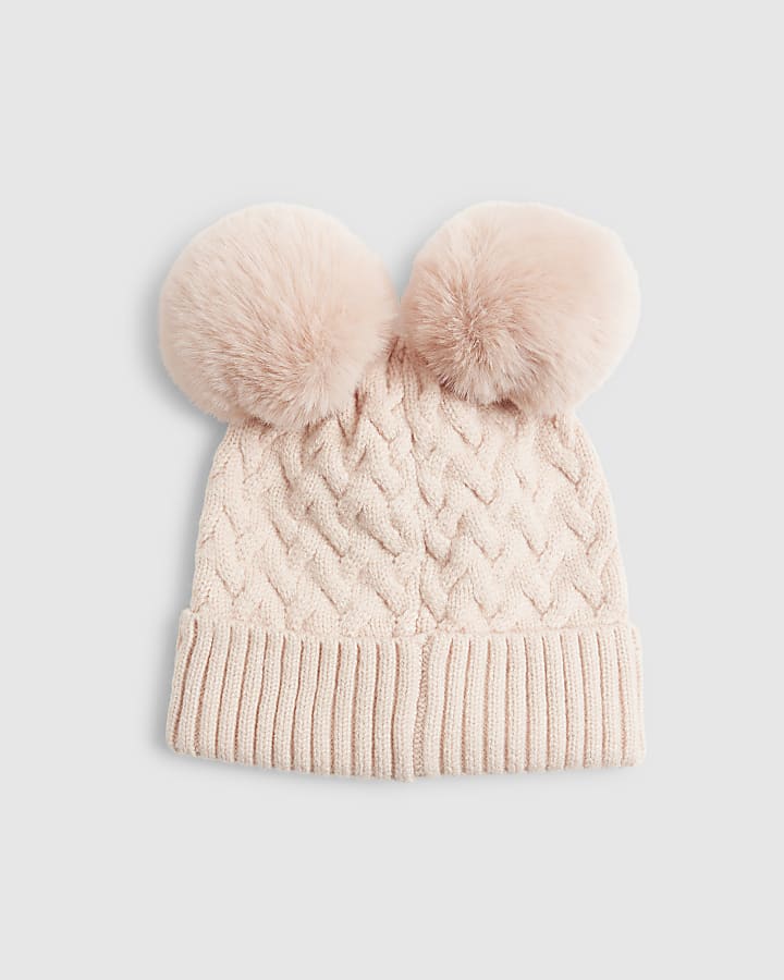 Mini Girls Pink Double Pom Pom Beanie Hat