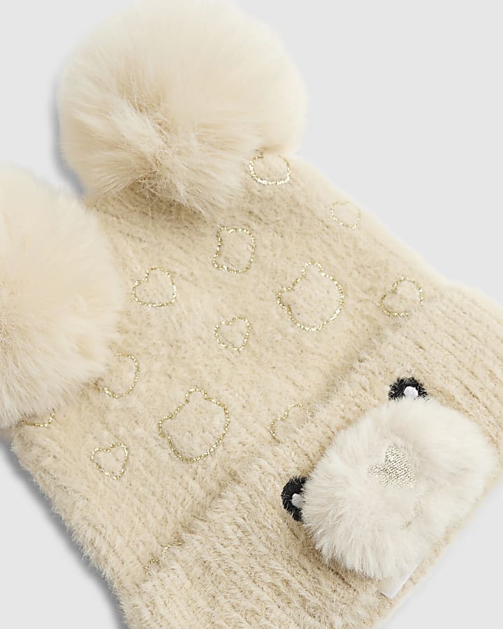 Mini Girls Beige Bear Beanie Hat