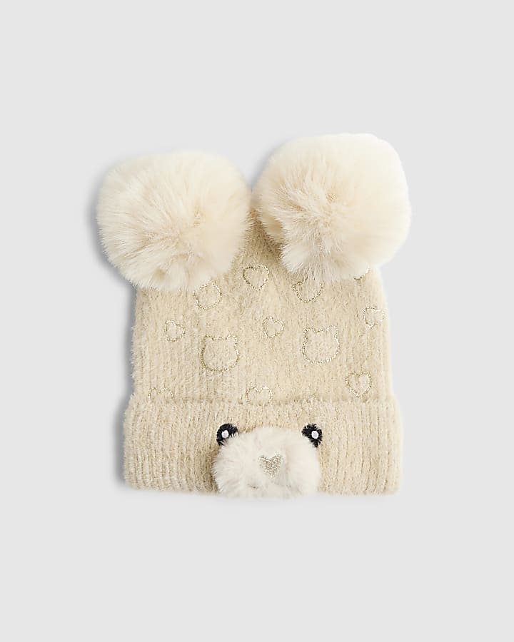 Mini Girls Beige Bear Beanie Hat