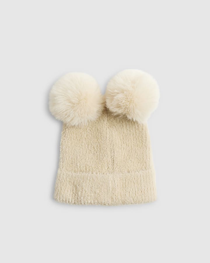 Mini Girls Beige Bear Beanie Hat
