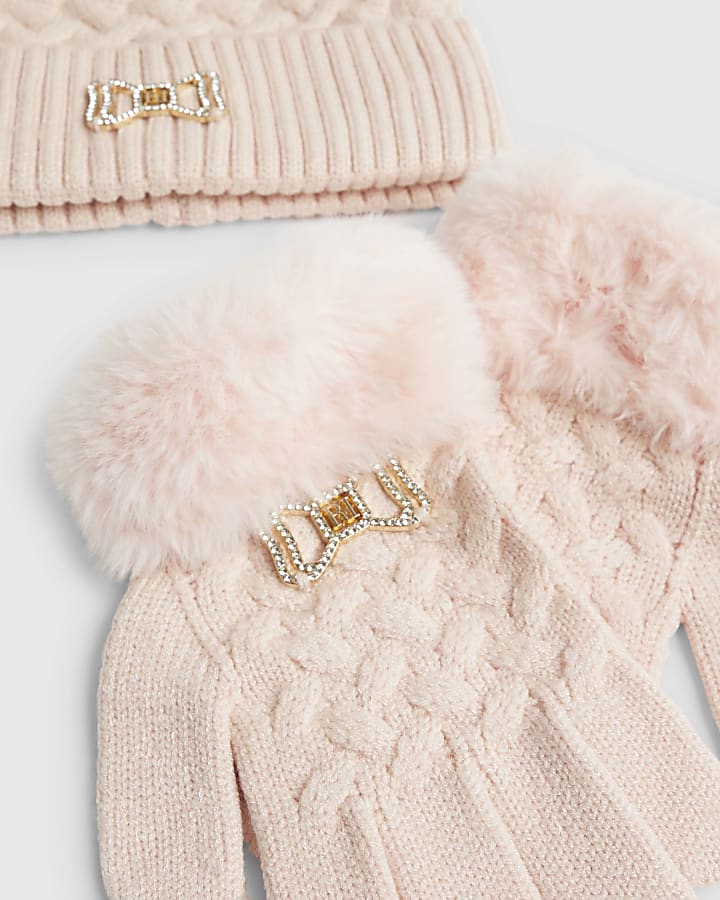 Girls Pink Double Pom Pom Beanie Set