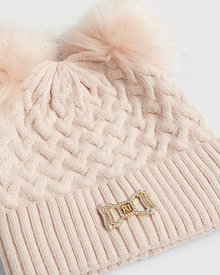 Girls Pink Double Pom Pom Beanie Set
