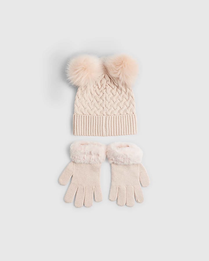 Girls Pink Double Pom Pom Beanie Set
