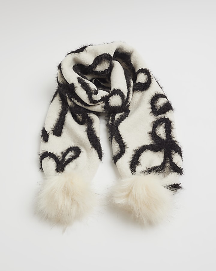 Girls Cream Monochrome Bow Pom Scarf