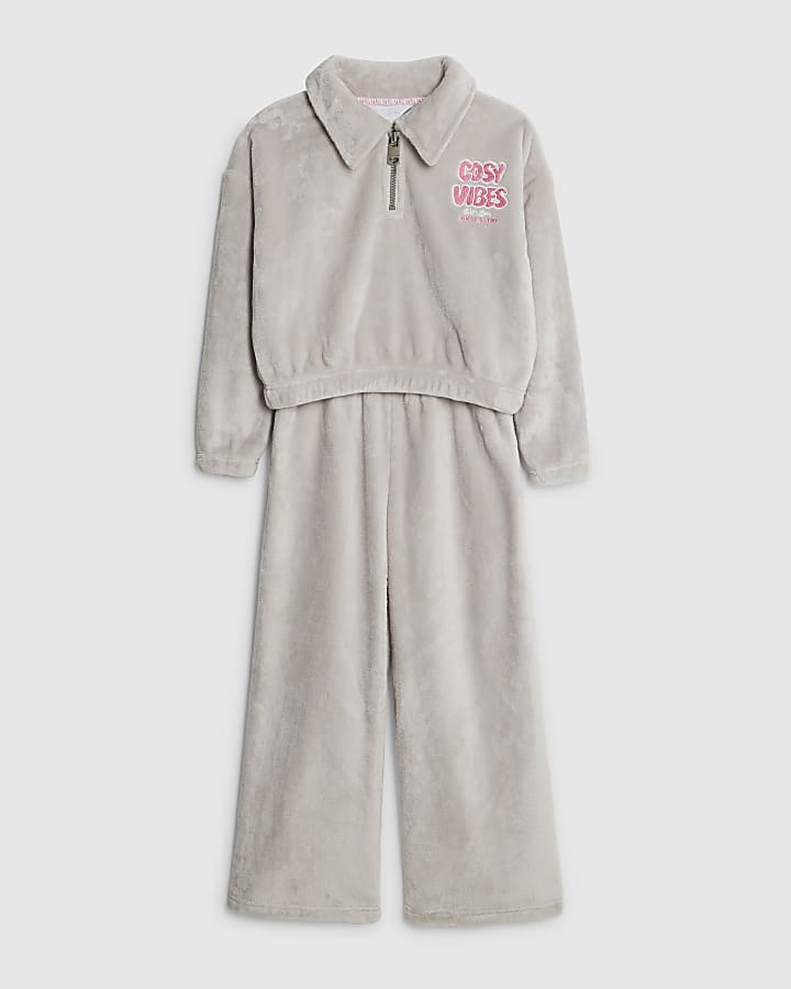 Girls Grey Cosy Vibes Velour Loungewear Set
